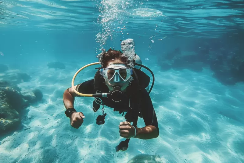 Retrato De Um Mergulhador Na Agua Mar Com Vida Marinha